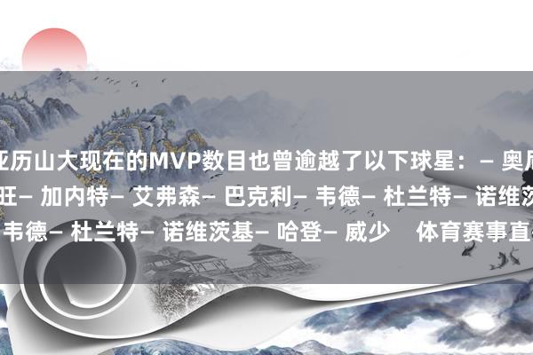 亚历山大现在的MVP数目也曾逾越了以下球星：— 奥尼尔— 科比— 奥拉朱旺— 加内特— 艾弗森— 巴克利— 韦德— 杜兰特— 诺维茨基— 哈登— 威少    体育赛事直播